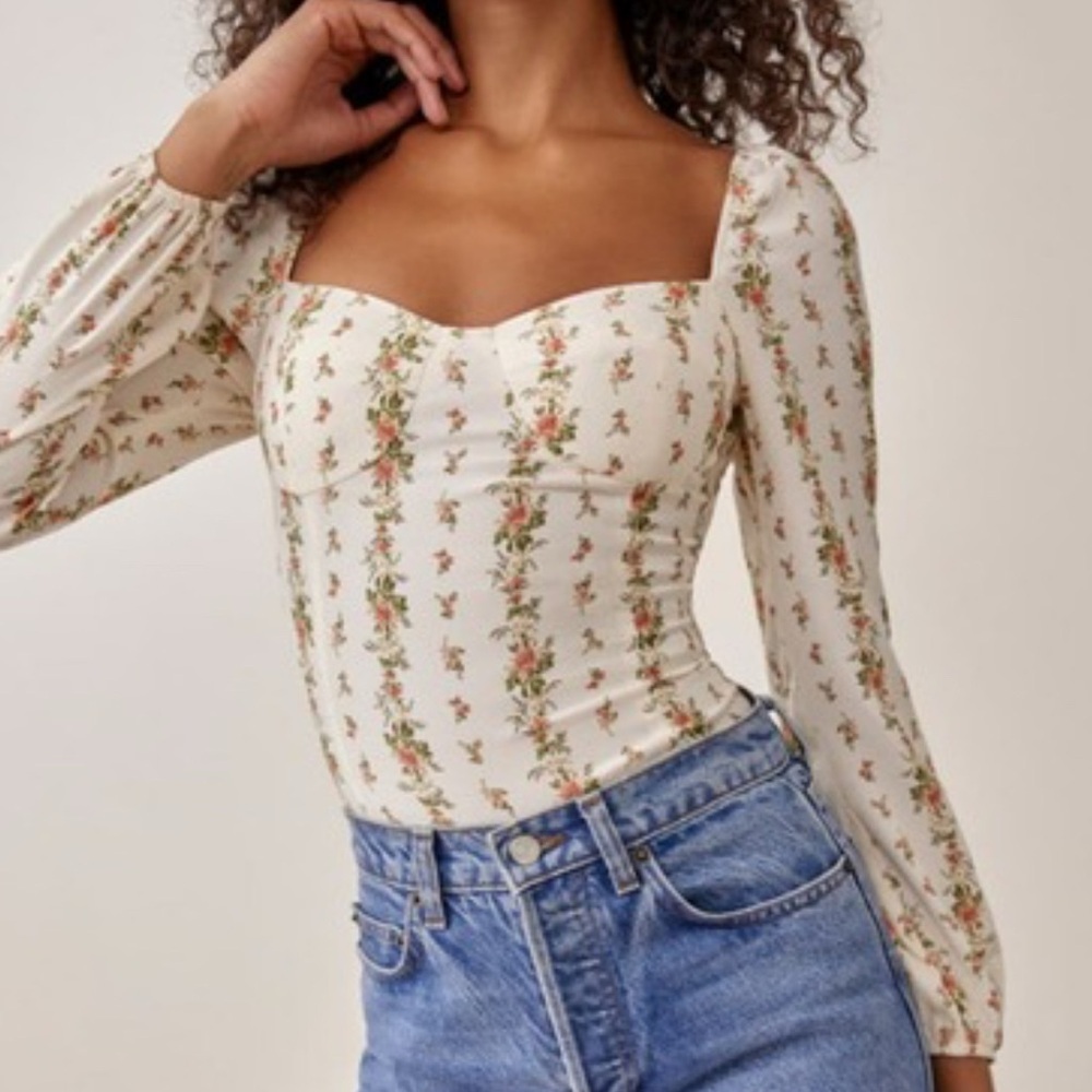 REFORMATION Fillmore White Floral Poppyseed Square Neck Top size 0